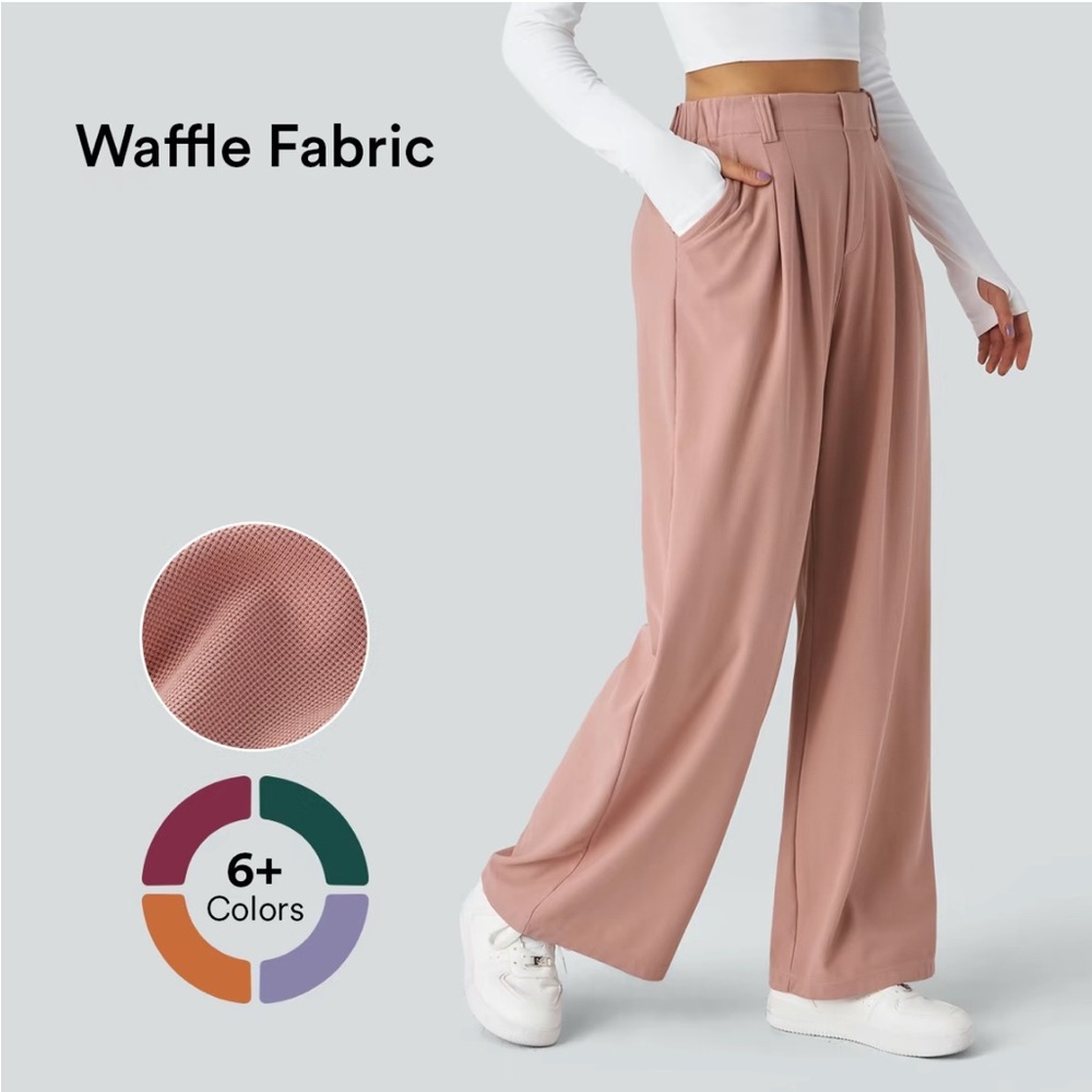 Halara High Waisted Plicated Side Pocket Wide Leg Waffle Casual Pants